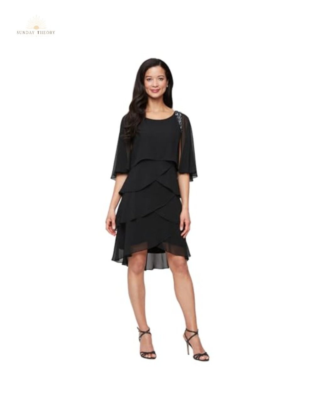 Tiered Chiffon Cocktail Dress Attached Cape Beaded Shoulders